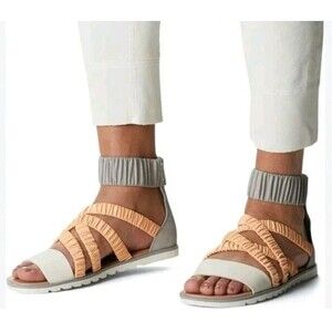 Sorel ELLA II Gladiator Women’s Sandals Size 9 Ankle Strap Beige Orange Ruched